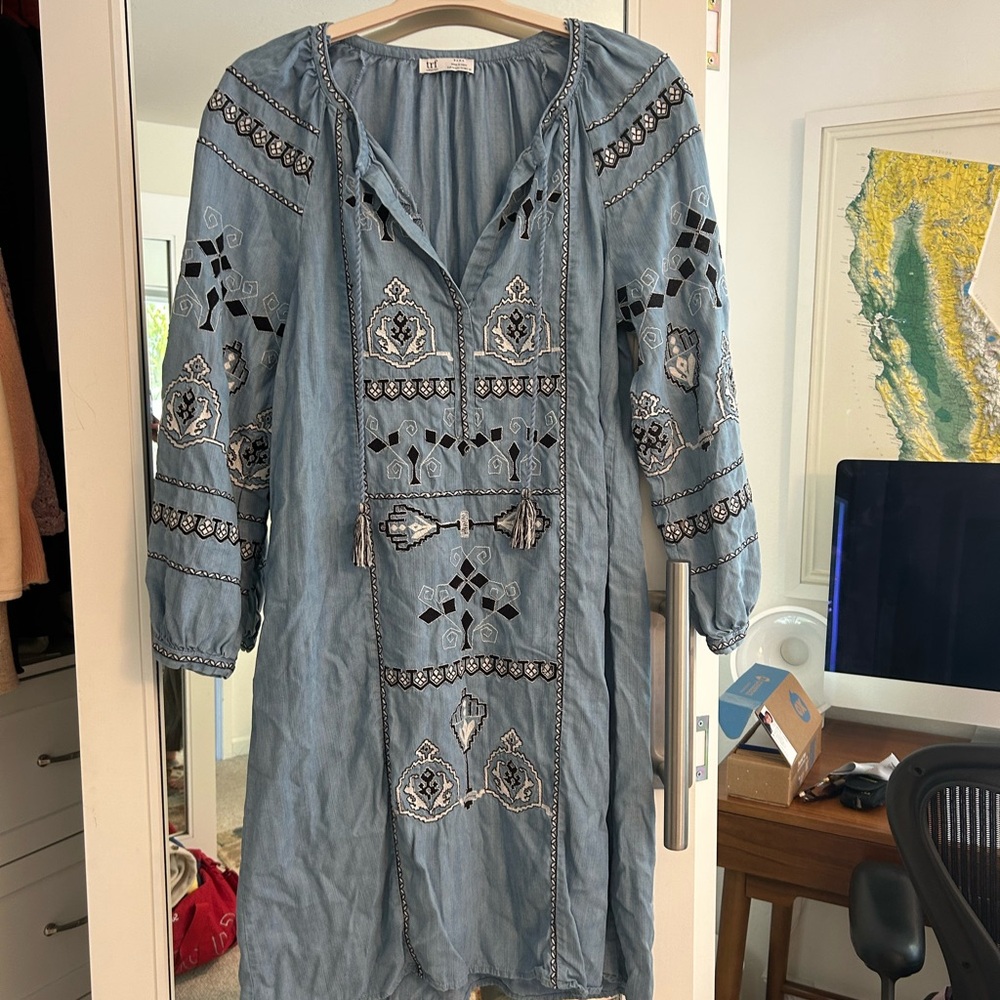 Zara Blue Embroidered Long Sleeve Dress